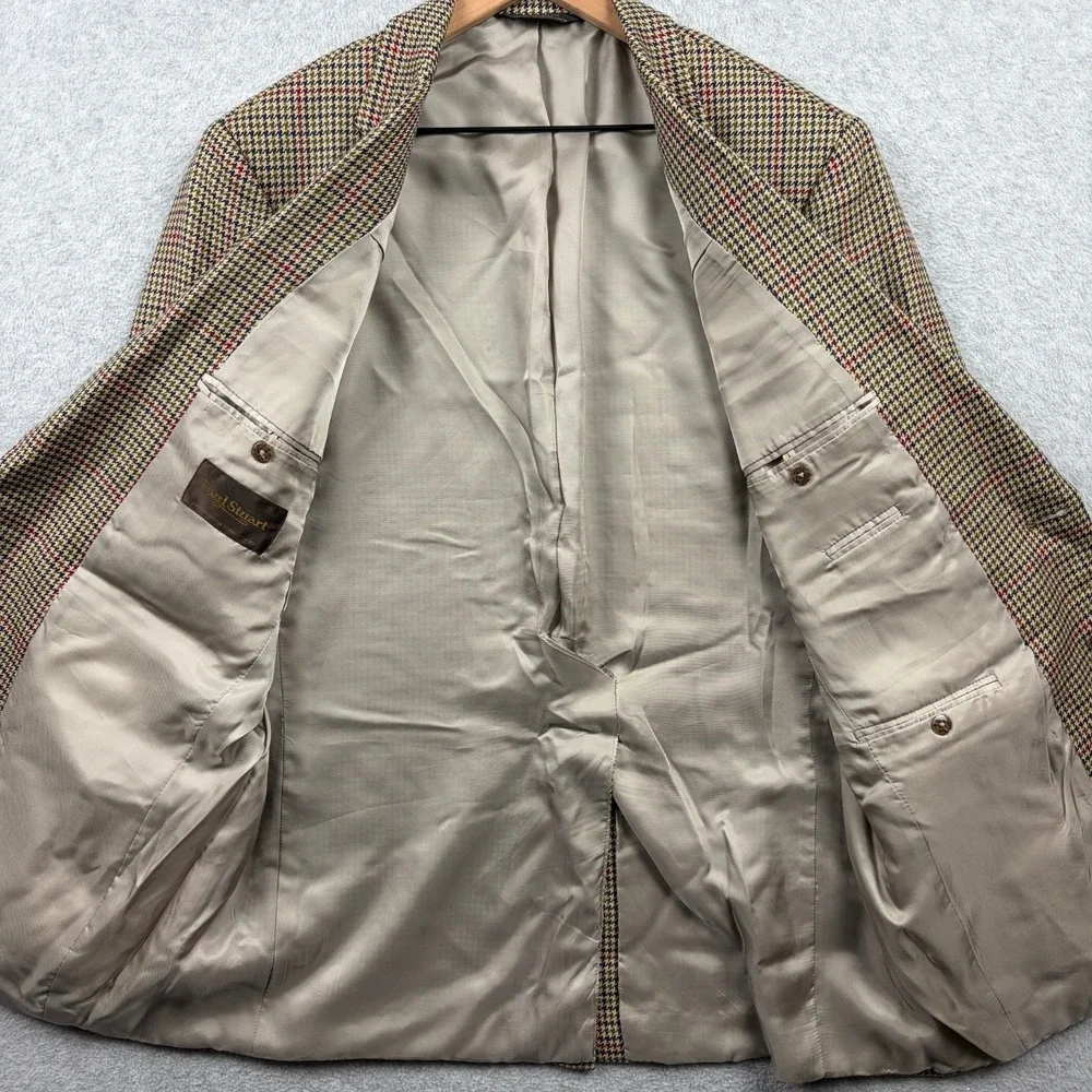 Vintage Paul Stuart Sport Coat Mens 42L Tan Plaid Houndstooth Lambswool Cashmere